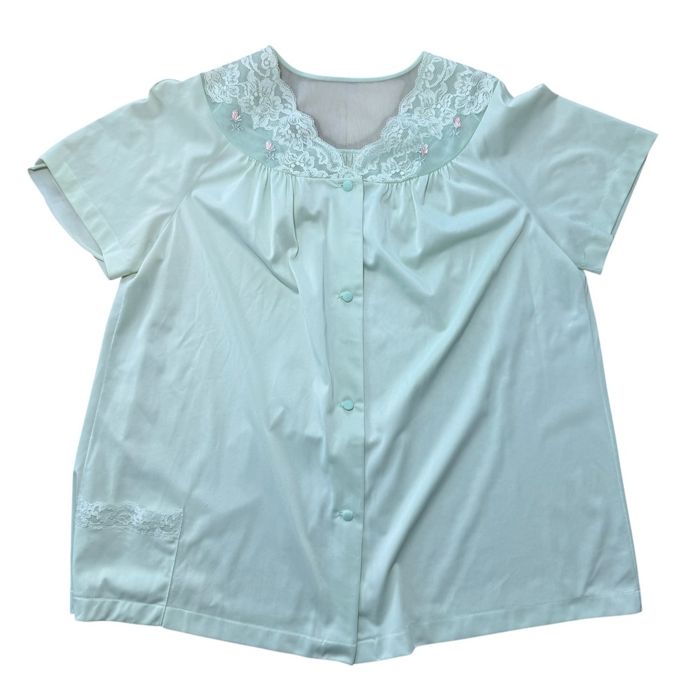 Shadowline Vintage 70s Bedcoat Blouse Floral Lace Mint Green Large Coquette